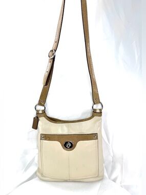 Coach F16533 Penelope Beige Leather Crossbody Bag Turnlock Brown Snakeskin Trim